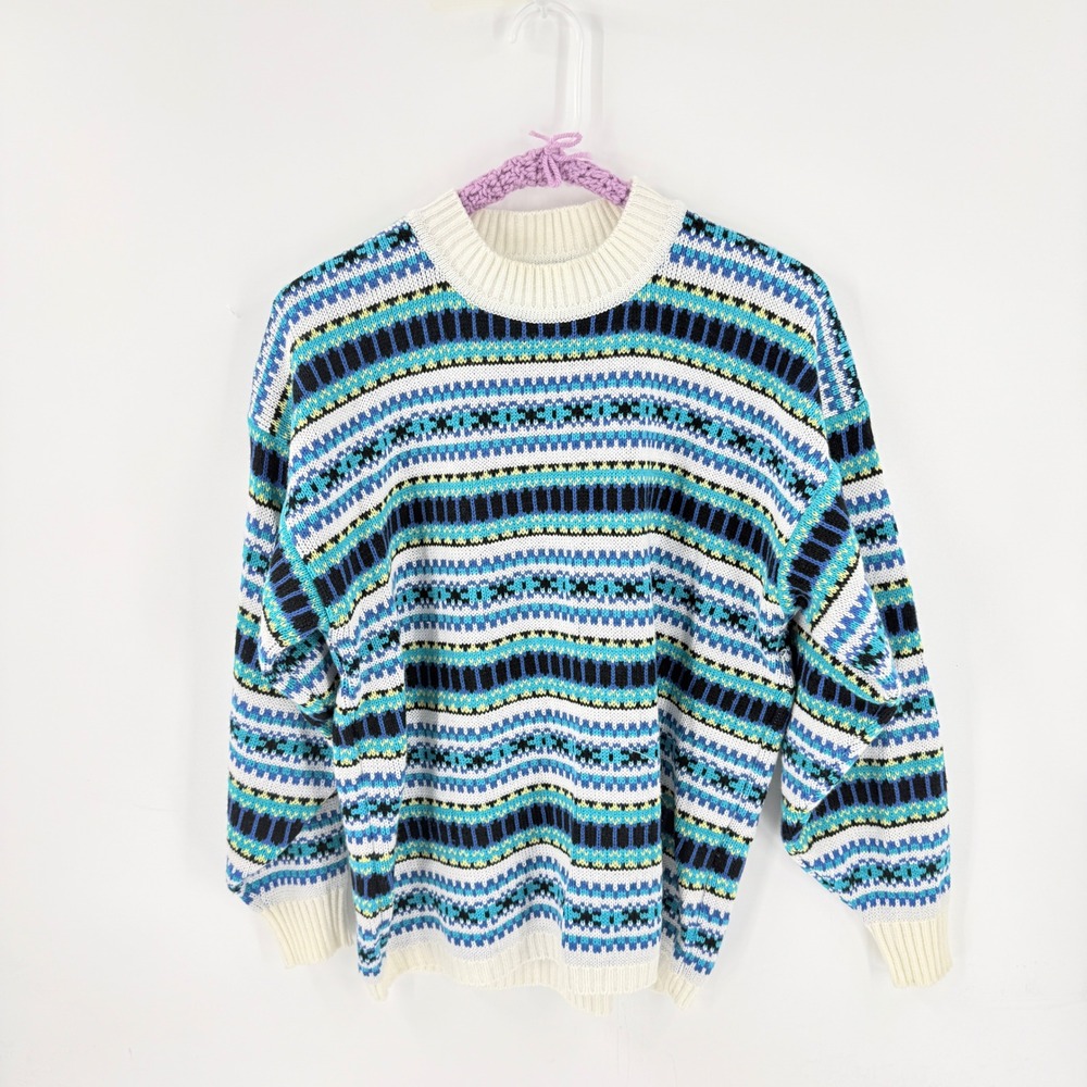 Unbranded Sweater Blue Large Vintage Fair Isle Knit Long Sleeve Crewneck